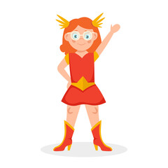 Girl wearing colorful superhero costume isolated on white background. Cute Wonder Girl. Cartoon vector illustration.