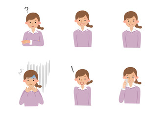 人物(おねえさん)の顔の表情・感情(ベクターイラスト)