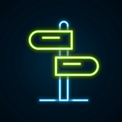 Glowing neon line Road traffic sign. Signpost icon isolated on black background. Pointer symbol. Isolated street information sign. Direction sign. Colorful outline concept. Vector