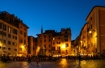 Pantheon Fountain and Macuteo Egyptian obelisk in front of Pantheon ancient Roman temple at Piazza della Rotonda in Rome in Italy