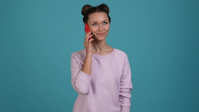 Lady call friend modern technology isolated vivid color background