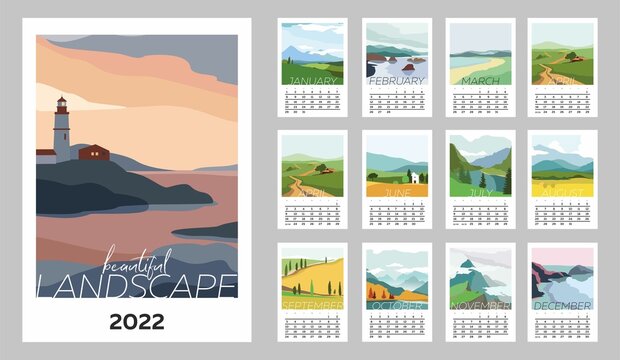 Wall vertical calendar for 2023, the week starts on Sunday. Template A4 calendar set of month with abstract  season landscapes, nature. Contemporary scenery posters. Vector illustration