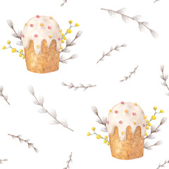 Watercolor seamless pattern with Easter cake and willow branches on a white background.