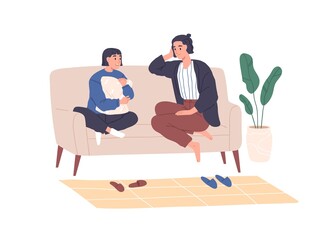 Mother and teen daughter talking. Mom and happy girl chatting together, sitting on sofa at home. Teenager and parent communication concept. Flat vector illustration isolated on white background