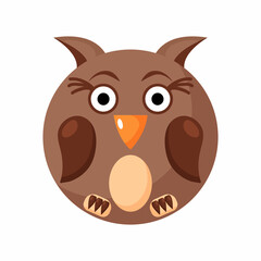 Cute cartoon round animal owl face, vector zoo sticker isolated on white background.