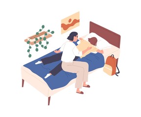 Parent supporting teenager. Mother comforting teen daughter. Adolescence crisis concept. Mom caring about girl, suffering from teenage problems. Flat vector illustration isolated on white background