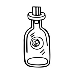 A glass bottle with a scary human eye inside. Funny vector illustration of doodles in cartoon style. Isolated. A magic flask with eyes. For postcards, posters, Halloween, tattoos, coloring books.