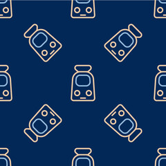 Line Train and railway icon isolated seamless pattern on blue background. Public transportation symbol. Subway train transport. Metro underground. Vector