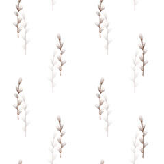 Watercolor seamless pattern with willow branches. Hand painted willow wood isolated on white background. Spring illustration for design, print, fabric or background.
