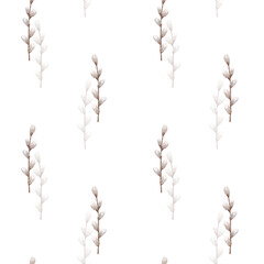 Watercolor seamless pattern with willow branches. Hand painted willow wood isolated on white background. Spring illustration for design, print, fabric or background.
