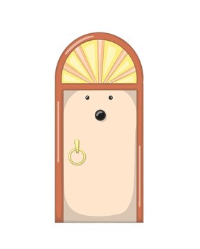 Nice cartoon closed door that looks like a kind funny character or a hedgehog. Fairy-tale toy house. Hand drawn vector illustration. Children's picture for the development of imagination and fantasy.