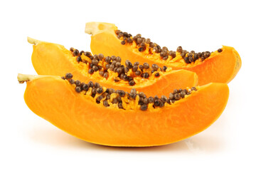 Papaya fruit sliced on half isolated on a white background.