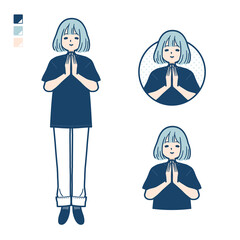 ビッグサイズTシャツを着た女性が合掌しているイラスト