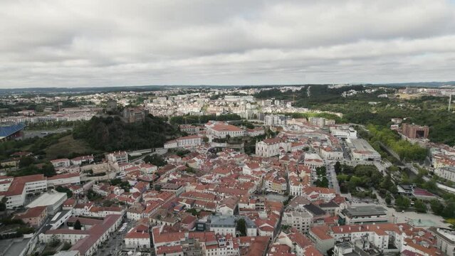 City of Leiria, Portugal. Aerial cityscape with hilltop Leira castle.