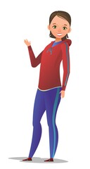 Little girl in tracksuit. Girl got ready for sports activities. Cheerful person. Standing pose. Cartoon comic style flat design. Single character. Illustration isolated on white background. Vector
