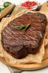 Concept of tasty food with beef steak, close up
