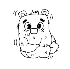 Cheerful cartoon bear. Funny cute animal. Outline sketch. Hand drawing is isolated on a white background. Vector