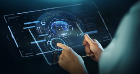 virtual reality, people and technology concept - close up of hands with transparent tablet pc computer and earth planet hologram