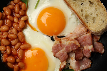 Tasty breakfast on whole background, close up