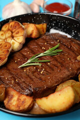 Concept of tasty food with beef steak, close up