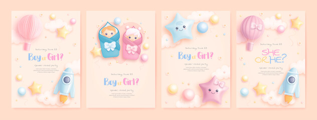 Fototapeta na wymiar He or she. Boy or Girl. Set of cartoon gender reveal invitation template. Vertical banner with realistic toys and helium balloons. Vector illustration