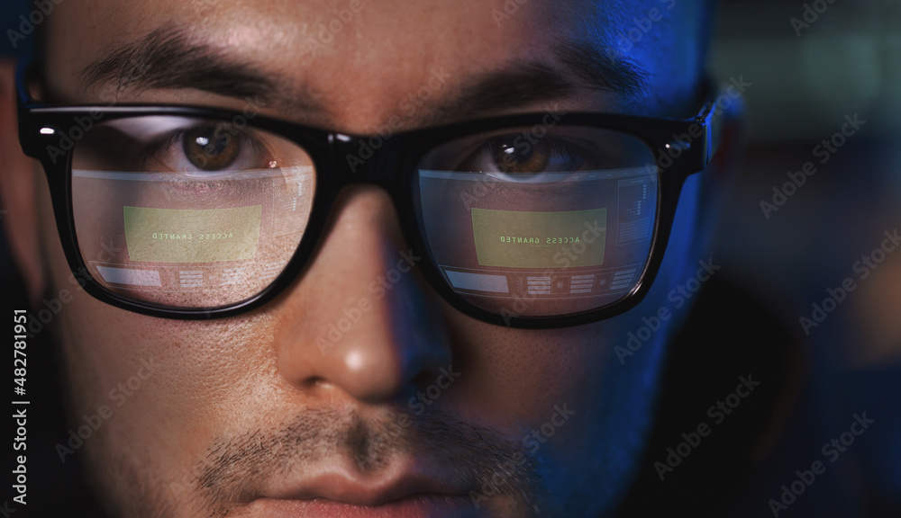 Wall mural virtual reality, hacking and cyberspace concept - close up of asian male hacker's face in vr glasses