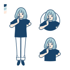 ビッグサイズTシャツを着た女性が小声でささやいているイラスト