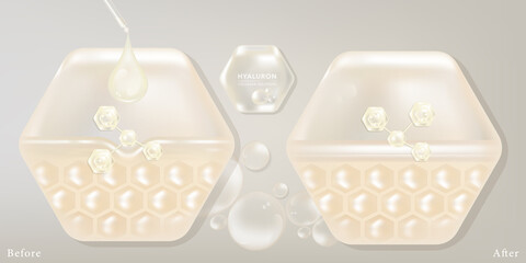 Hyaluronic acid before and after skin solutions ad, white collagen serum drops with cosmetic advertising background ready to use, illustration vector.