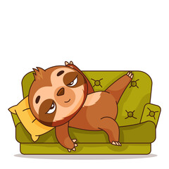 Satisfied and tired sloth lies on a green sofa. Vector illustration for designs, prints and patterns. Vector illustration