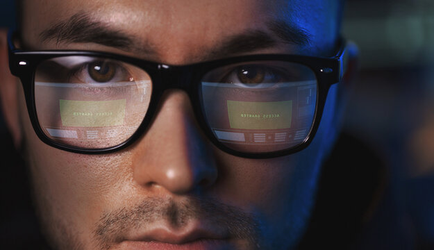 virtual reality, hacking and cyberspace concept - close up of asian male hacker's face in vr glasses with computer program projection