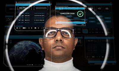 future technology, augmented reality and cyberspace concept - indian man in vr glasses with virtual...