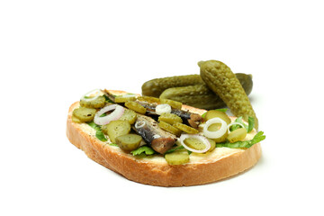 Pickles and sandwich with sprats isolated on white background