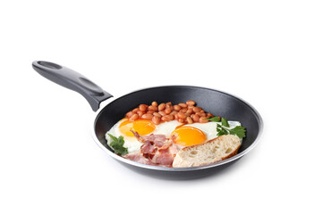 Pan with tasty breakfast isolated on white background