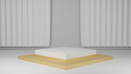 Fototapeta premium 3D Illustration Curtain Golden Product Display White Lighting Podium Presentation Promotion Exhibition Decoration Beauty Background Banner Backdrop Gallery Scene Minimal Skincare Studio Luxury Gold