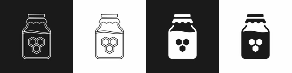 Set Jar of honey icon isolated on black and white background. Food bank. Sweet natural food symbol. Vector