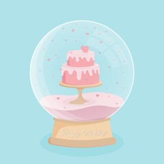 Fabulous glass ball with pink bunk wedding cake, gifts and flying small hearts over blue background. Happy Valentines day greeting card. Vector flat illustration.