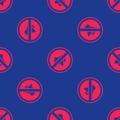 Red Speaker mute icon isolated seamless pattern on blue background. No sound icon. Volume Off symbol. Vector