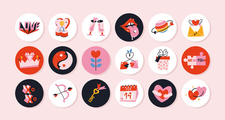 Set of cute vector love round stickers for daily planner and diary.Collection of scrapbooking design elements for valentines day. Romantic doodle vector icons pack for decorating gift presents