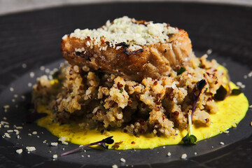 Roasted fish fillet with quinoa and yellow sauce on black plate. Quinoa with salmon fillet and lemon cream. Fish dish on gray stone table. Baked trout with garnish on dark style. Fish menu.