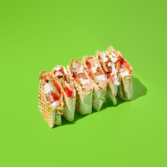 Shawarma with vegetables and meat on green background. Contemporary poster with shawarma. Doner...