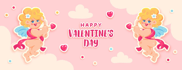 Valentine's day horizontal banner with hand drawn cupid, clouds and hearts. Vector illustration