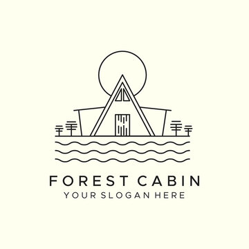 forest cabin simple line art icon logo template vector illustration design
