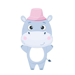 Cute cartoon hippo in a pink hat. Hippo on a white background. Vector illustration for design and print.