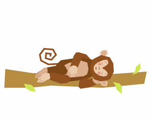 Cute monkey sleeping in a tree. The monkey lies on its side on a branch and sleeps. Vector illustration in flat style.