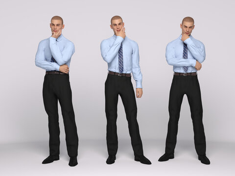 3D Rendering : A male model is standing and wearing the modern style outfit, shirt, trousers and tie with 3 different body action, thinking acting