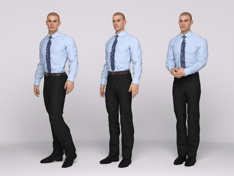 3D Rendering : A male model is standing and wearing the modern style outfit, shirt, trousers and tie with 3 different body action