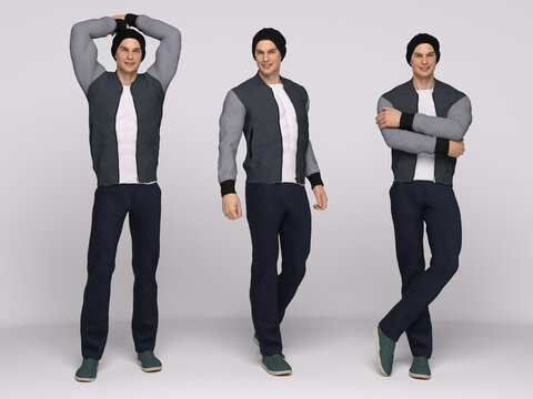 3D Rendering : A male model is standing and wearing the modern style outfit, jacket, t-shirt, trousers and beanie with 3 different body action, smiling, happy