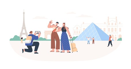Tourists taking photo with landmarks during holiday travel. Women friends visiting Paris. People in France tour. Girlfriends in French trip. Flat vector illustration isolated on white background
