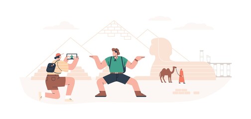 Tourists taking photo with pyramids during travel to Egypt. Couple visiting landmarks on holiday tour. People going sightseeing on summer trip. Flat vector illustration isolated on white background