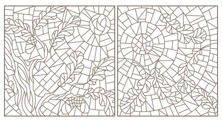 A set of contour illustrations in the style of stained glass with oak leaves on a sky background, dark contours on a white background